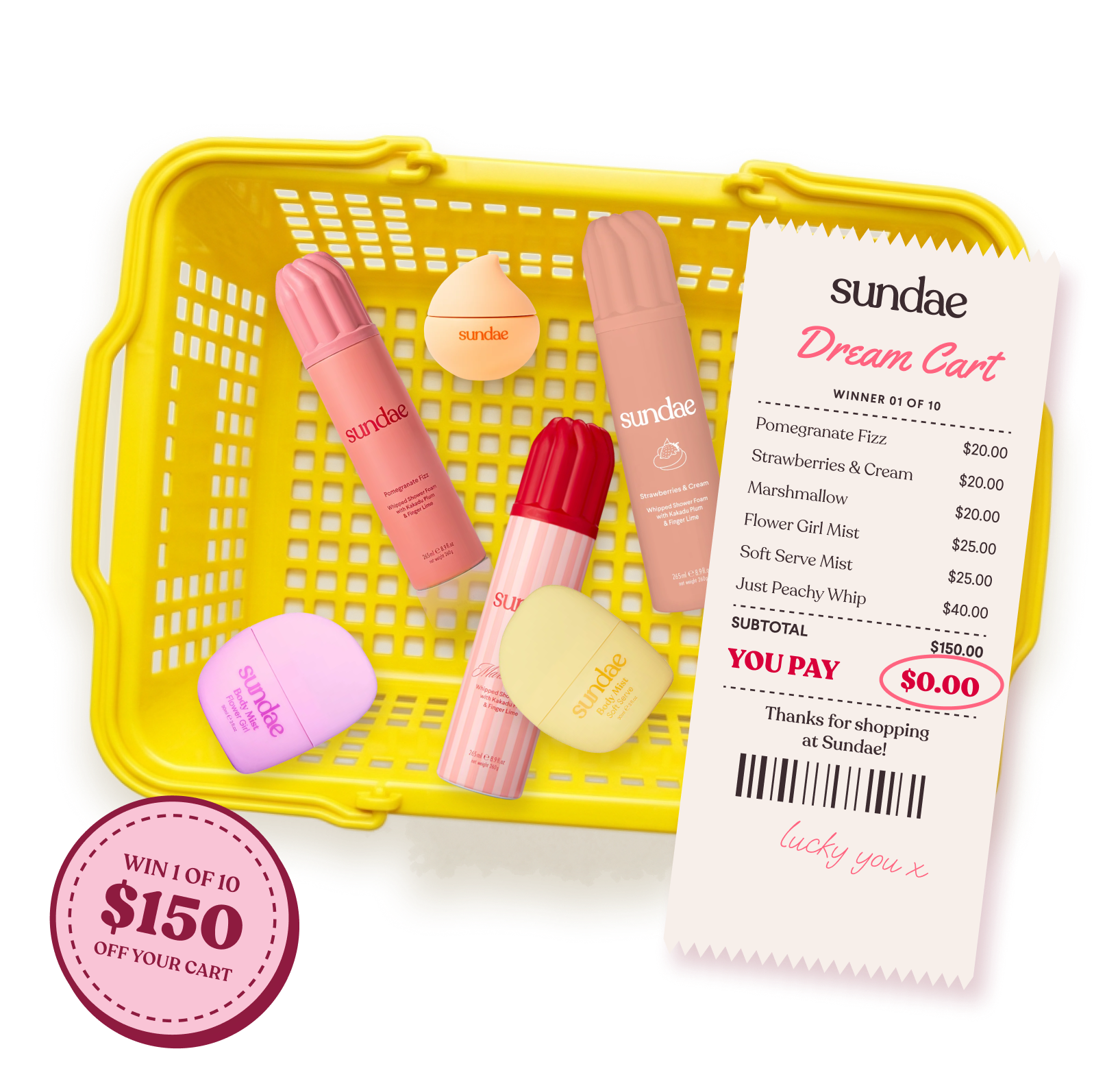 A Sundae dream cart: a basket of Sundae favourites with a receipt showing $0.00 to pay